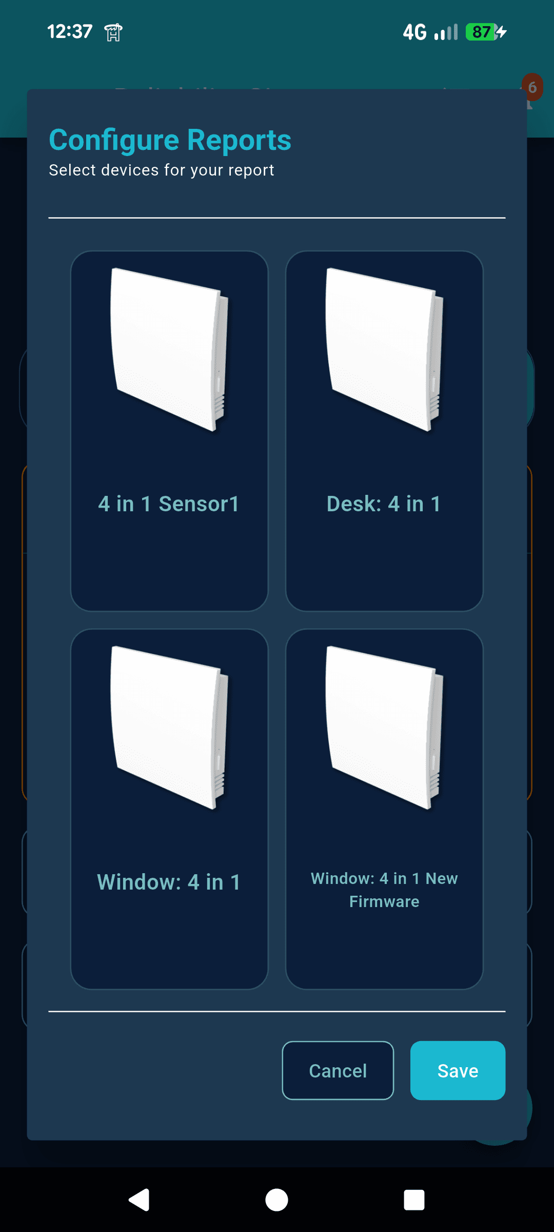 Report configuration screen showing device grid (IoT Sensor, Deck 4-1, Window 1-1, Water Heater) with Cancel and Save buttons