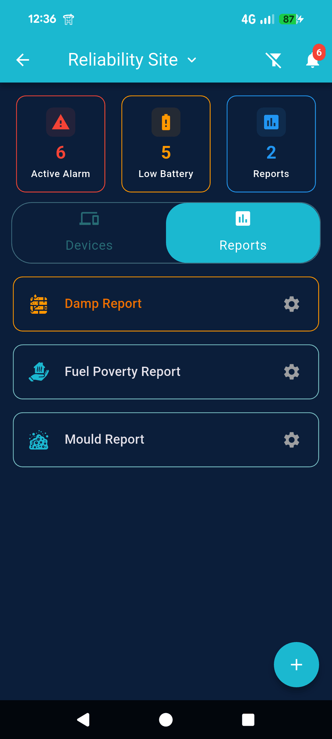 Reports dashboard showing quick view with risk level indicators (A: 6, B: 5, C: 2) and navigation to different report types