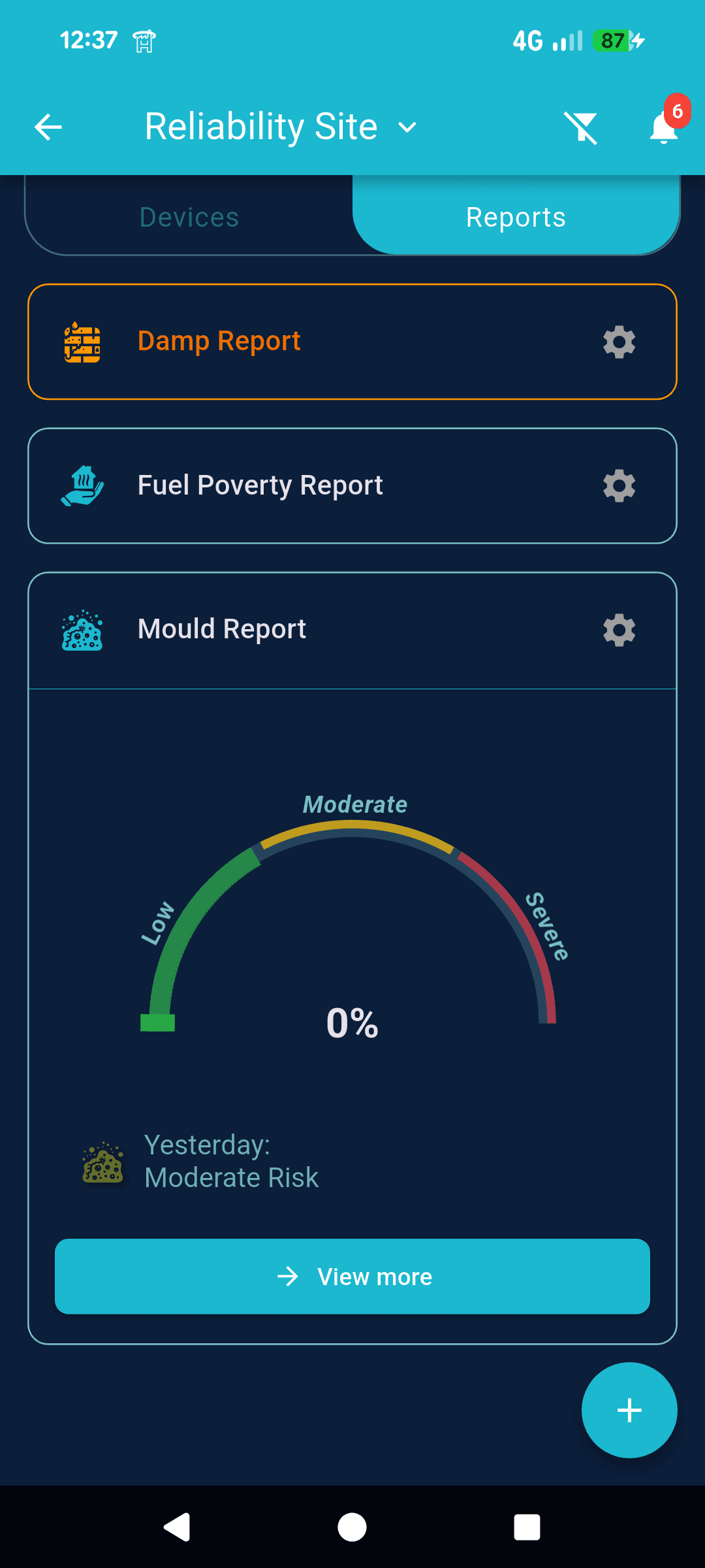 Detailed reports view showing mould risk gauge at 0%, report type selection (Damp, Fuel Poverty, Mould), and property information access