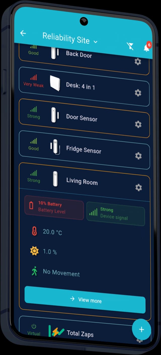 Mobile app showing device list with signal strength indicators, battery levels, and expanded device details with sensor readings